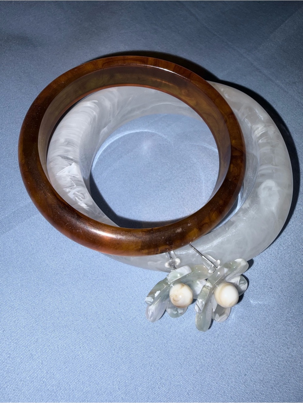 Brown Resin Bangle with White Marbled Bangle Set — Neutral Stacked Bracelets